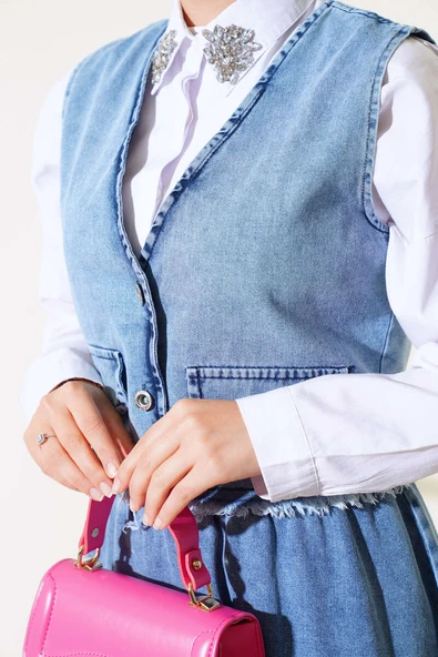 Püsküllü Kot Yelek Takım Kot Mavisi - Resim 4