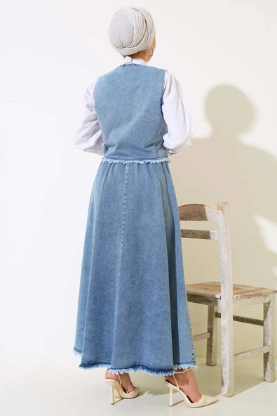 Püsküllü Kot Yelek Takım Kot Mavisi - Resim 3