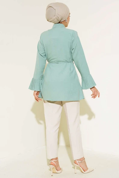 Kol Bileği Pileli Gömlek Mint - Resim 3