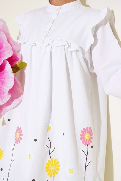 Çiçek Baskılı Fırfırlı Tunik Beyaz - Resim 4