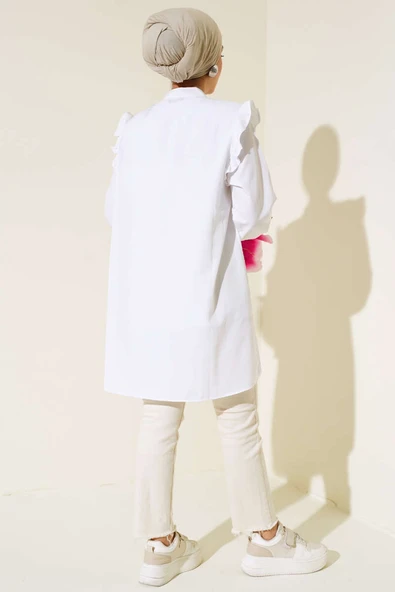 Çiçek Baskılı Fırfırlı Tunik Beyaz - Resim 3