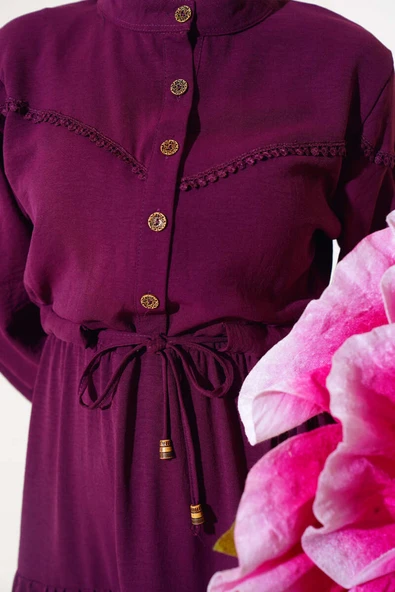 Önü Yarım Düğmeli Kat Kat Elbise Mürdüm - Resim 4