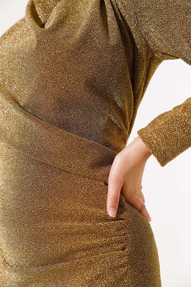 Simli Degaje Yaka Elbise Gold - 4