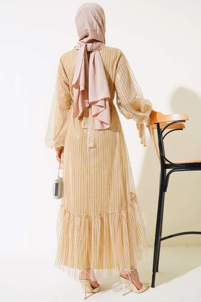 Pullu Kat Tül Elbise Camel - Resim 3