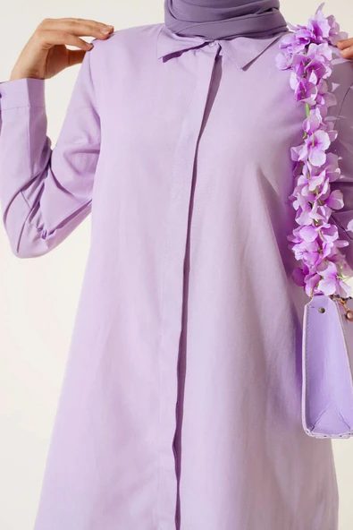 Uzun Model Klasik Yaka Tunik Lila - Resim 4
