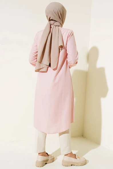 Uzun Model Klasik Yaka Tunik Pudra - Resim 3