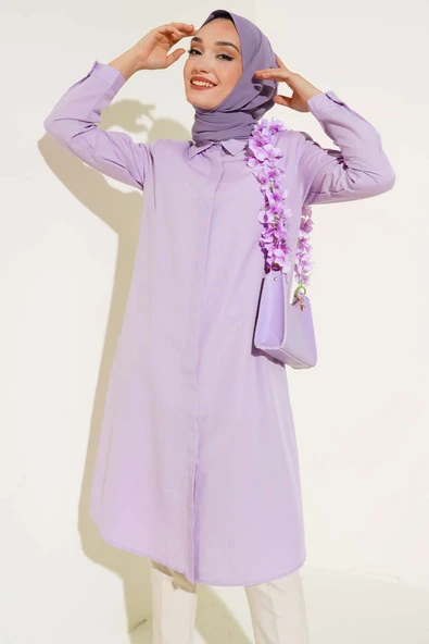 Uzun Model Klasik Yaka Tunik Lila - Resim 2