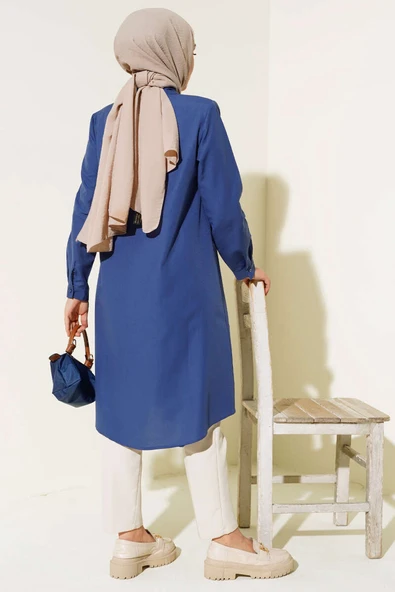 Uzun Model Klasik Yaka Tunik Lacivert - 3