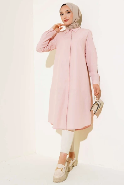 Uzun Model Klasik Yaka Tunik Pudra - Resim 2
