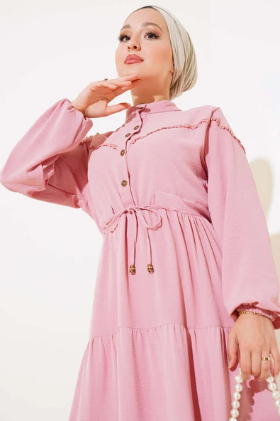 Önü Yarım Düğmeli Kat Kat Elbise Pudra - Resim 2