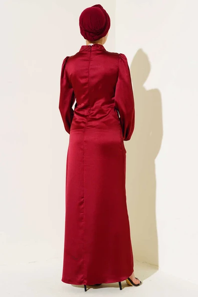 Yandan Bağlamalı Saten Elbise Bordo - Resim 3