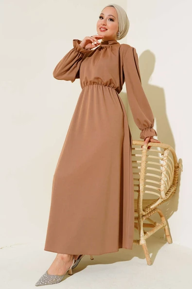 Bel Lastikli Kloş Elbise Latte ürün görseli 1