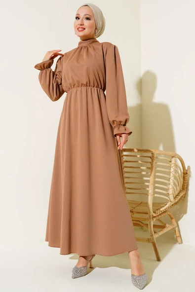 Bel Lastikli Kloş Elbise Latte - Resim 2