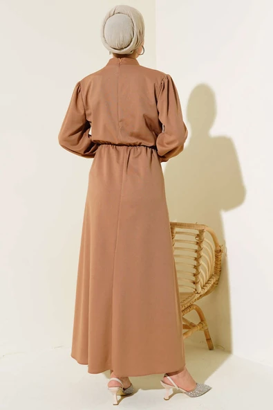 Bel Lastikli Kloş Elbise Latte - Resim 3