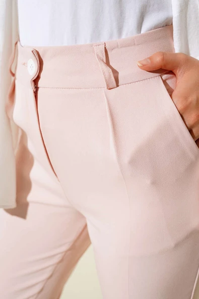 Dar Paça Pileli Kumaş Pantolon Pudra - Resim 4