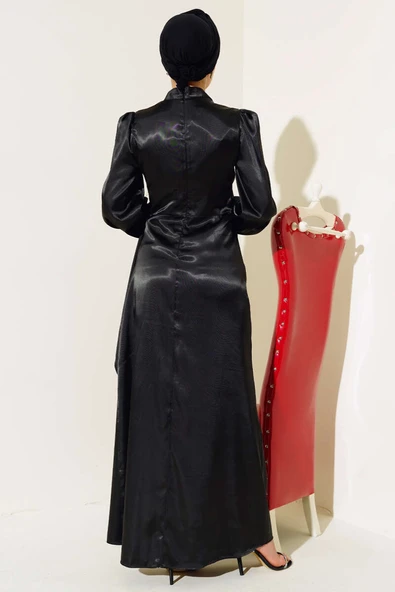 Yandan Bağlamalı Saten Elbise Siyah - Resim 3