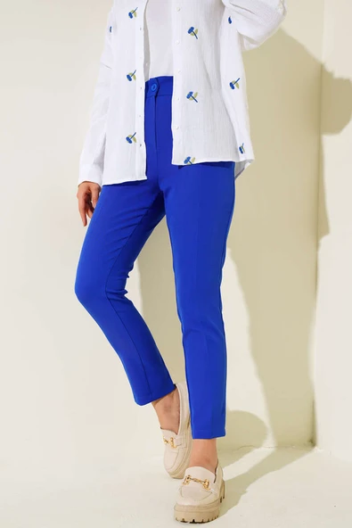 Dar Paça Pileli Kumaş Pantolon Saks - Resim 2