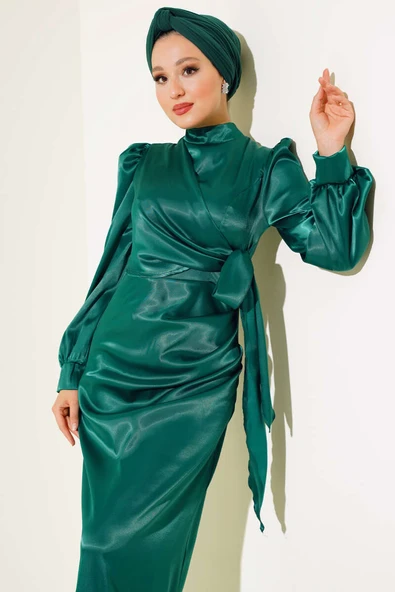 Yandan Bağlamalı Saten Elbise Zümrüt - Resim 2