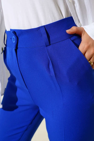 Dar Paça Pileli Kumaş Pantolon Saks - Resim 4