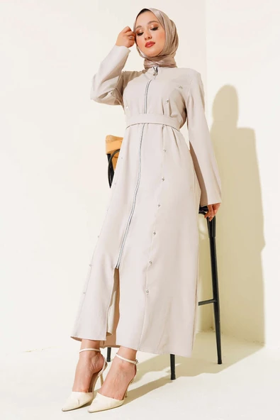 Taş Detaylı Fermuarlı Ferace Taş ürün görseli 1