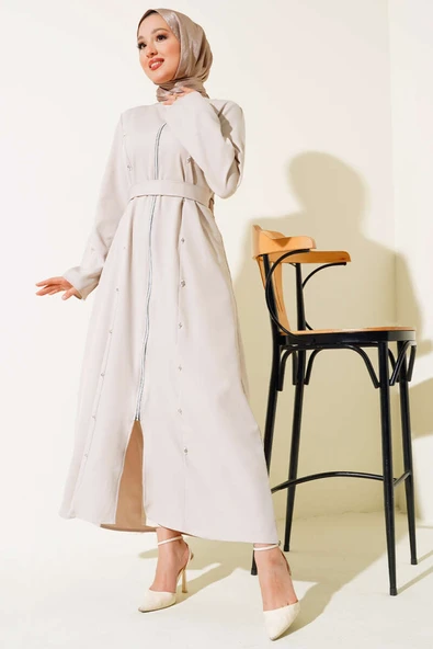 Taş Detaylı Fermuarlı Ferace Taş - Resim 2