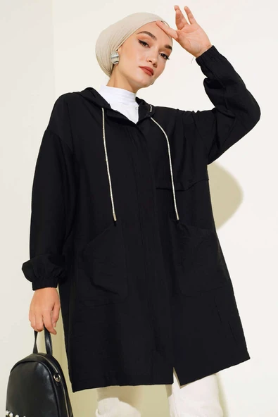 Kapüşonlu Önü Cepli Kap Siyah ürün görseli 1