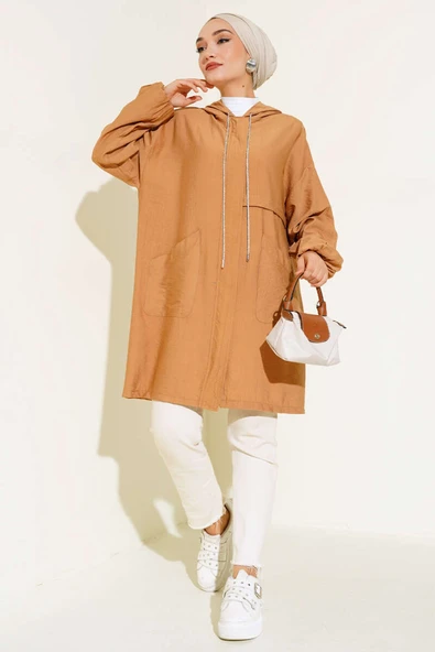 Kapüşonlu Önü Cepli Kap Camel - Resim 2