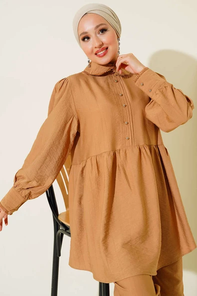 Bebe Yaka Dantel Detaylı İkili Takım Camel - Resim 2