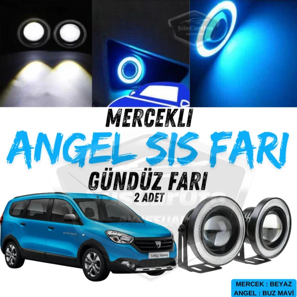 Dacia Lodgy 2012-2022 Uyumlu Üniversal Mercekli Angel Sis Farı Metal Su Geçirmez 76 mm Buz Mavi Halkalı Gündüz Farı Angel Eyes 2 Adet