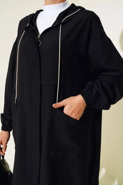 Kapüşonlu Önü Cepli Kap Siyah - Resim 4