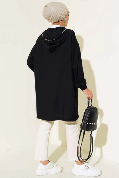 Kapüşonlu Önü Cepli Kap Siyah - Resim 3