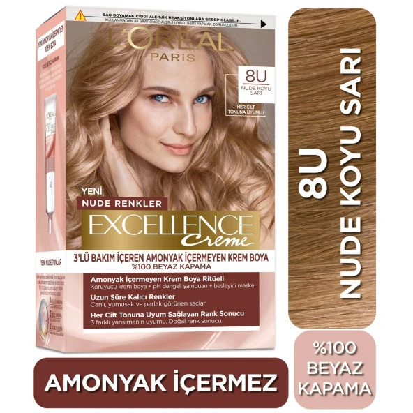 L’Oréal Paris Excellence Creme Nude Renkler Saç Boyası – 8U Nude Koyu Sarı