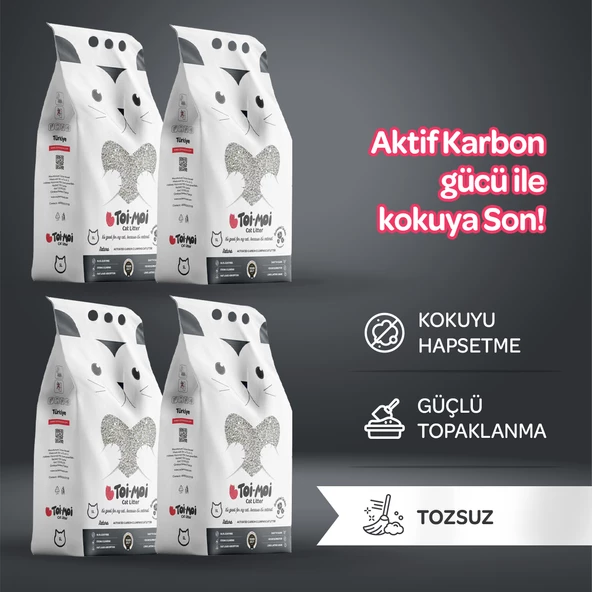 4lü Avantaj Paketi Koku Hapseden, Topaklanan,Tozsuz Aktif Karbonlu Bentonit Kedi Kumu 4x5kg