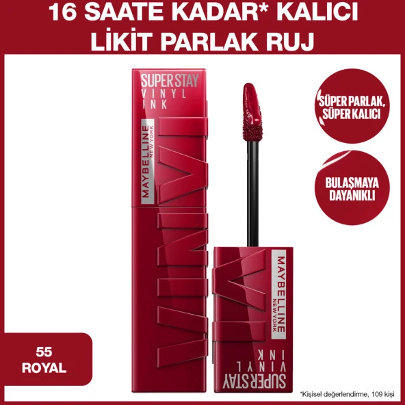 Maybelline New York Super Stay Vinyl Ink Uzun Süre Kalıcı Likit Parlak Ruj 55 Royal