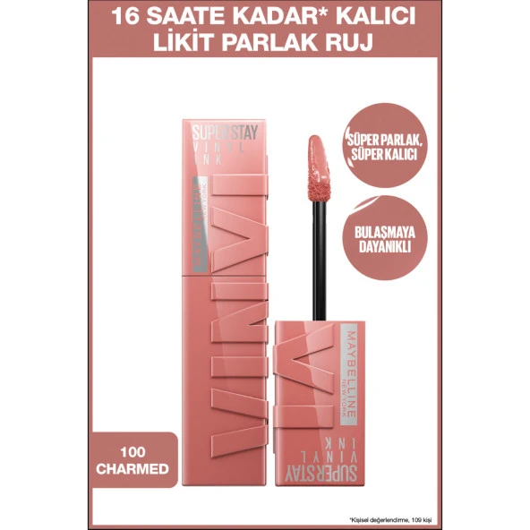 Maybelline New York Super Stay Vinyl Ink Uzun Süre Kalıcı Likit Parlak Ruj 100 Charmed