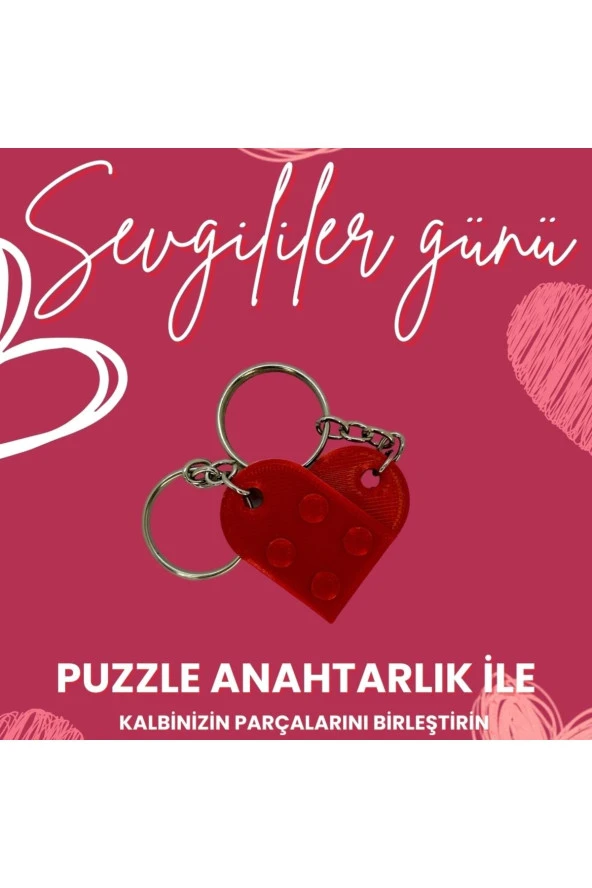 Kalp Desenli Puzzle Anahatarlık- Sevgililer Günü Hediyesi