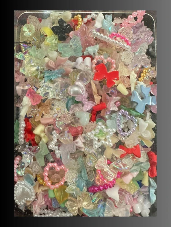 3D Tırnak Süsleri Tırnak Charmları  Kurdele Kalp Gül Ayıcık Nail Charms Nail Art Objeleri 500 Adet - Resim 2