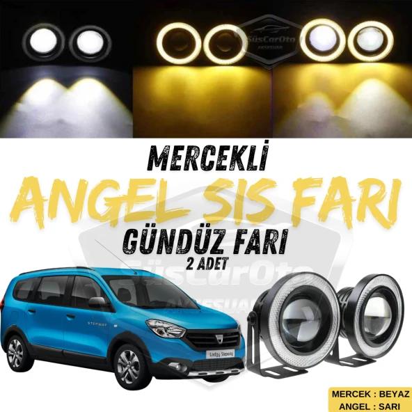 Dacia Lodgy 2012-2022 Uyumlu Üniversal Mercekli Angel Sis Farı Metal Su Geçirmez 76 mm Sarı Halkalı Gündüz Farı Angel Eyes 2 Adet