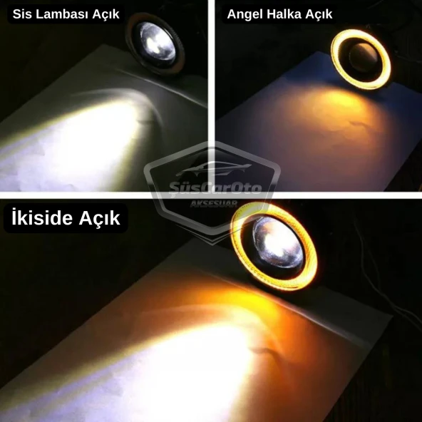 Dacia Lodgy 2012-2022 Uyumlu Üniversal Mercekli Angel Sis Farı Metal Su Geçirmez 76 mm Sarı Halkalı Gündüz Farı Angel Eyes 2 Adet - 4