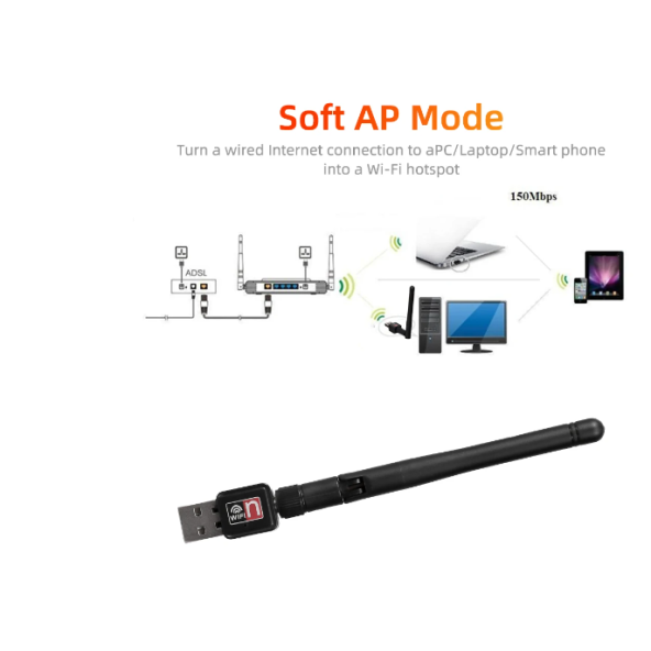 Mini USB WiFi Adaptörü 300Mbps 2dBi WiFi Adaptörü PC WiFi Anten WiFi Güvenlik Cihazı - 3