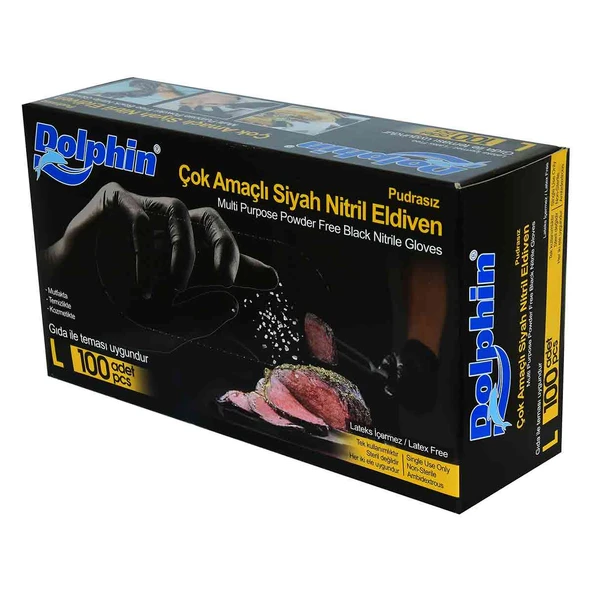 Dolphin Pudrasız Siyah Nitril Eldiven Büyük Boy (L) 100 Lü Paket - Resim 3