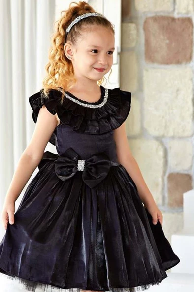 Kız Çocuk Göğsü Taş İşlemeli ve Fırfır Detaylı Siyah Abiye - Resim 2