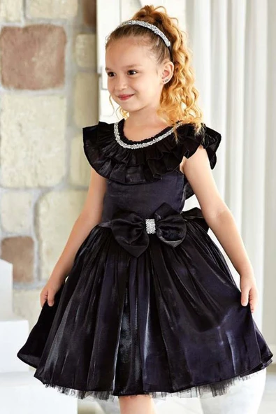 Kız Çocuk Göğsü Taş İşlemeli ve Fırfır Detaylı Siyah Abiye - Resim 5