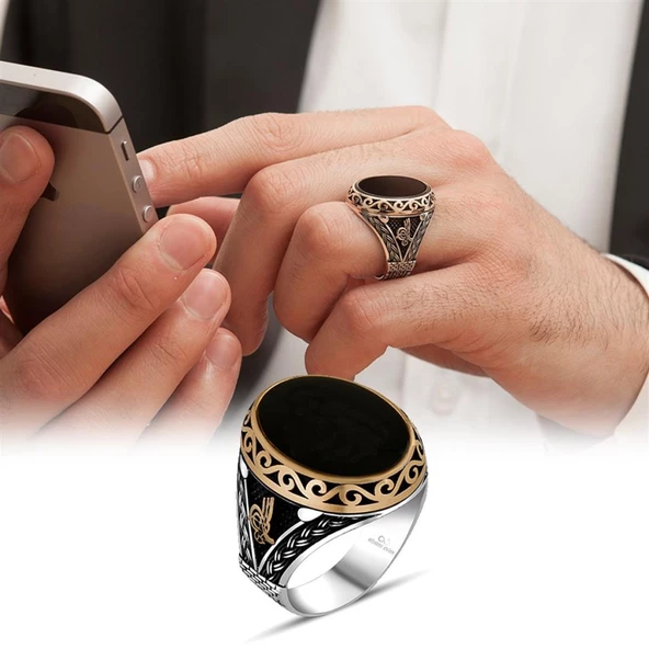 Siyah Oniks Taşlı Tuğra Desenli 925 Gümüş Erkek Yüzük - 9
