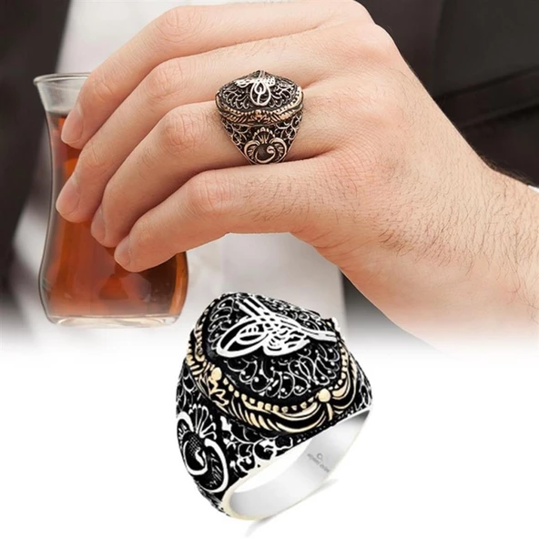 Tuğra Desenli Gümüş Erkek Yüzük - 7