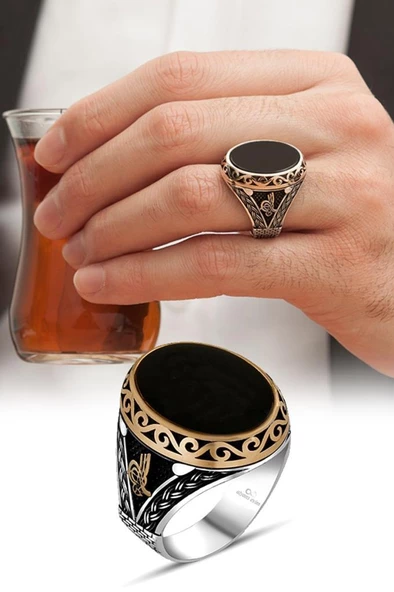 Siyah Oniks Taşlı Tuğra Desenli 925 Gümüş Erkek Yüzük - 2