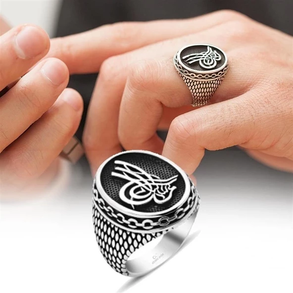 Oval Tuğra Desenli Gümüş Erkek Yüzük - 7