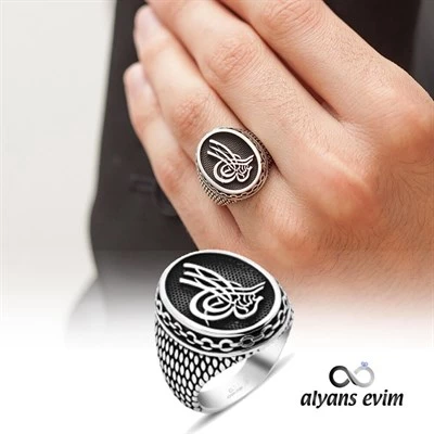 Oval Tuğra Desenli Gümüş Erkek Yüzük - 5