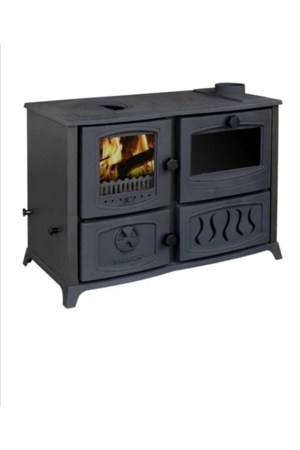 Vezüv Mat Siyah Camlı Döküm Şömine Odun Kömür Sobası (Döküm Yanma Haznesi)