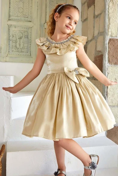 Kız Çocuk Göğsü Taş İşlemeli ve Fırfır Detaylı Bej Abiye - Resim 5